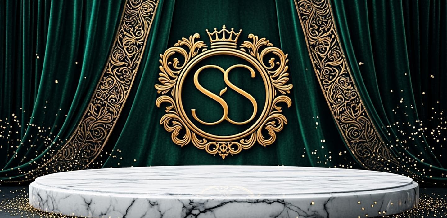 Monogramme SS doré sur soie émeraude — bannière de la Maison